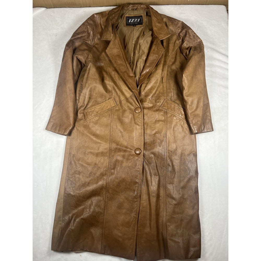 Vintage IZZI Leather Overcoat Womens Medium Brown Long Single Breasted 90s‎